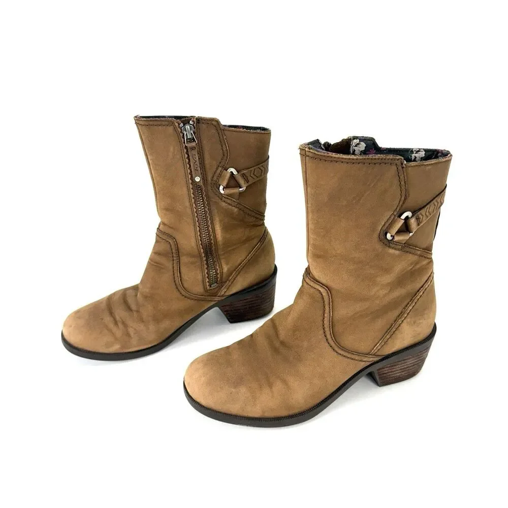 Teva Foxy Mid Womens Brown Tan Mid Calf Boots 1008316 Size 7.5 Nubuck Heel